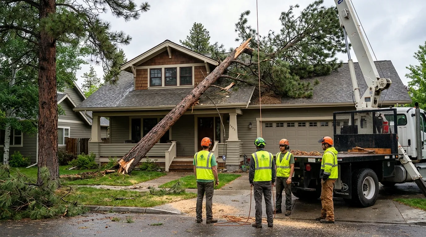 Storm-damaged tree leaning against a house