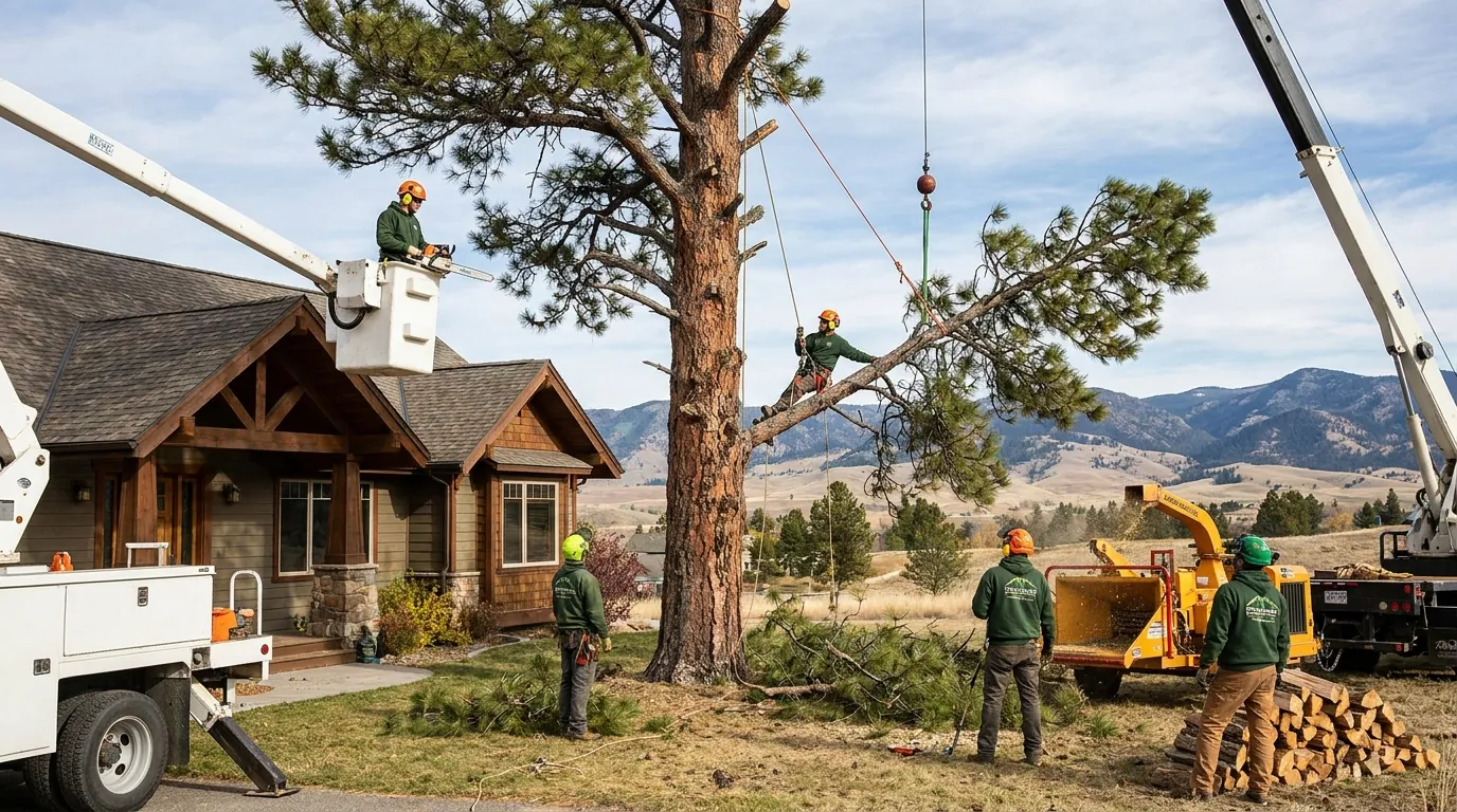 Crew removing a large tree beside a home near Bozeman, Montana