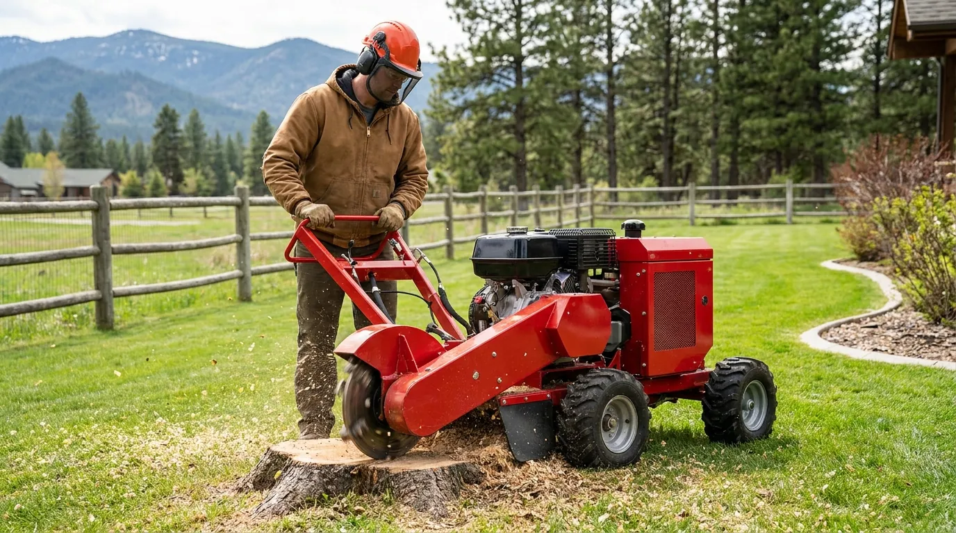Stump grinder working on a tree stump in a yard