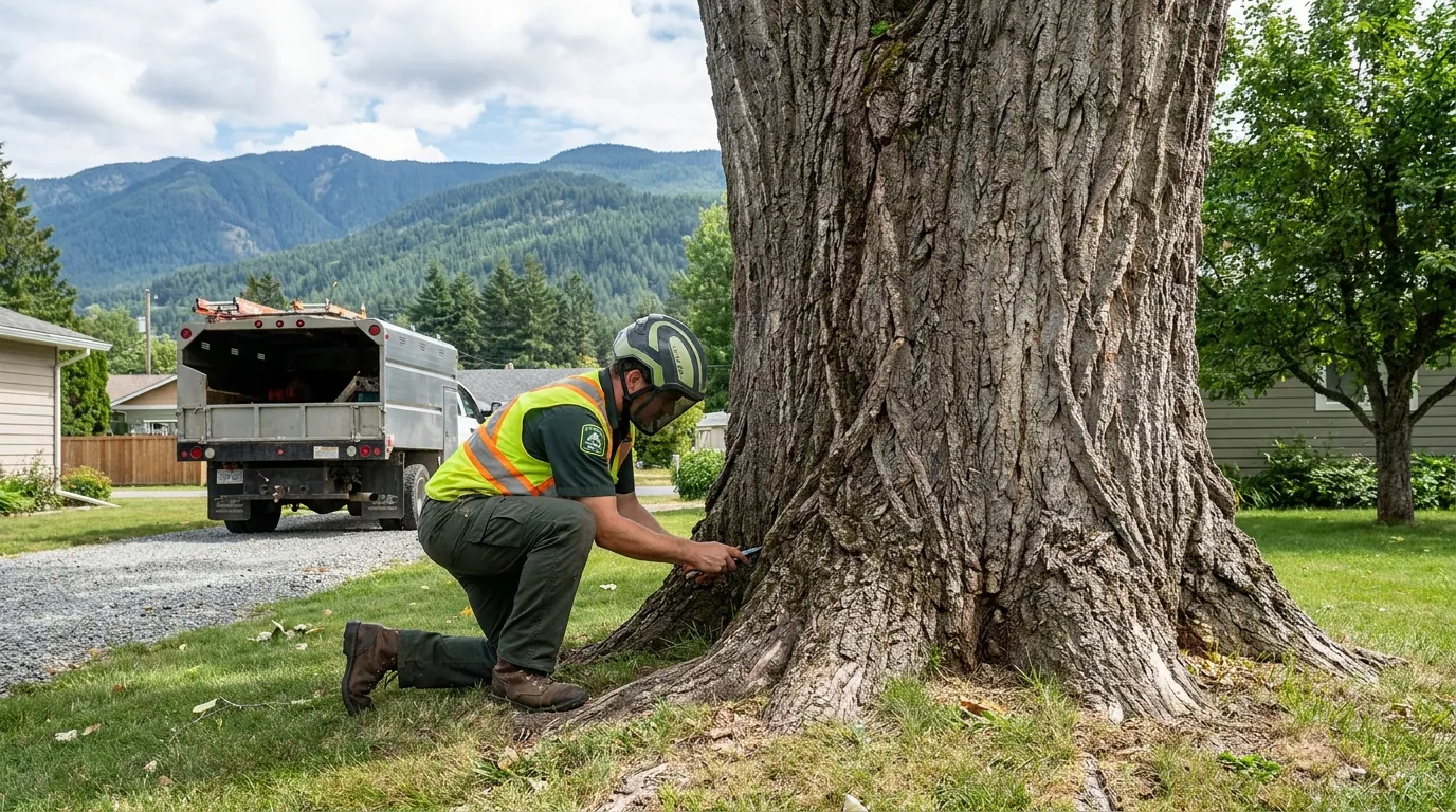Arborist inspecting the trunk and base of a mature tree