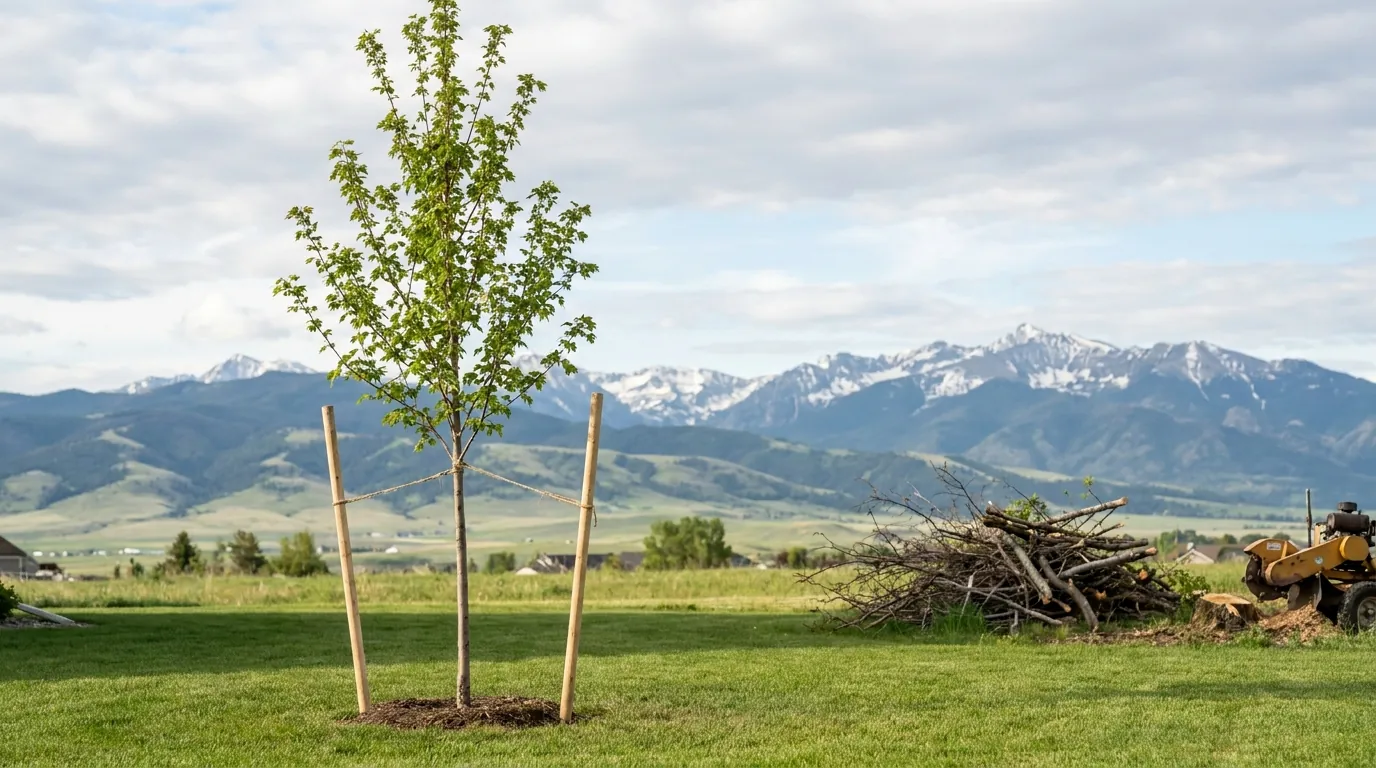 Newly planted tree staked in a Bozeman yard