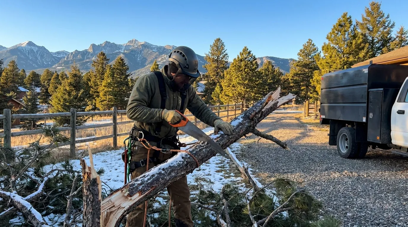 Arborist making a corrective pruning cut on a storm-damaged branch