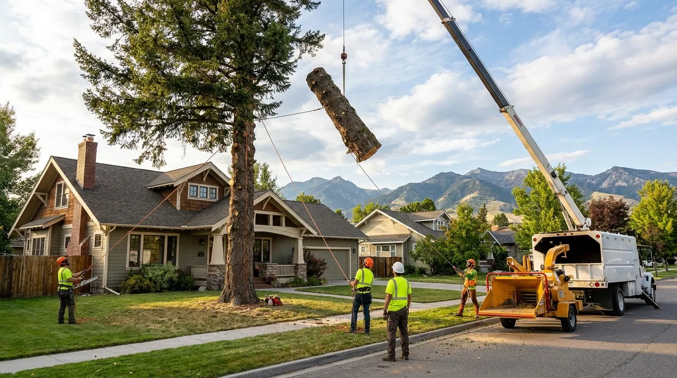 Crew removing a large conifer in a Bozeman yard