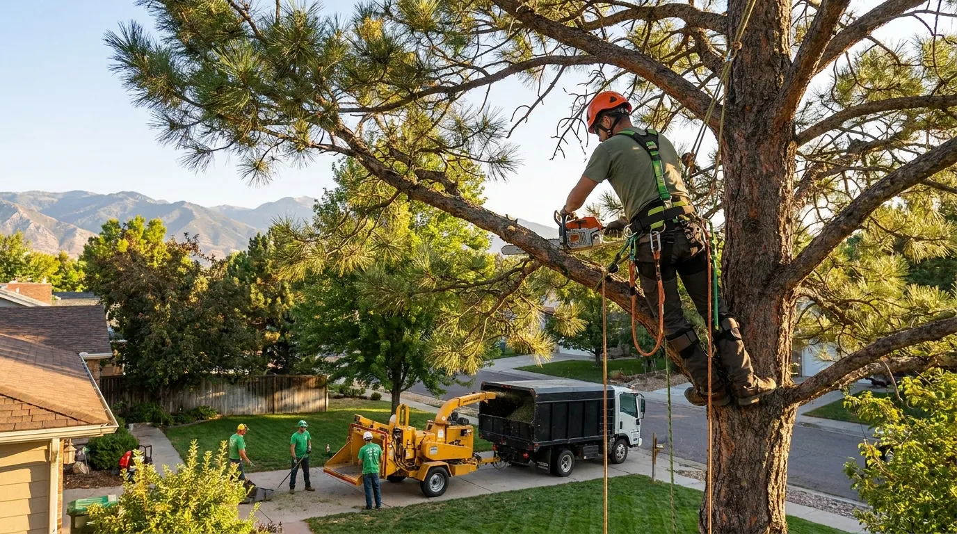 Arborist pruning branches from a tall tree